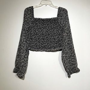 Japna Square Neck Crop Top Blouse Puff Sleeve Black And White Floral Medium